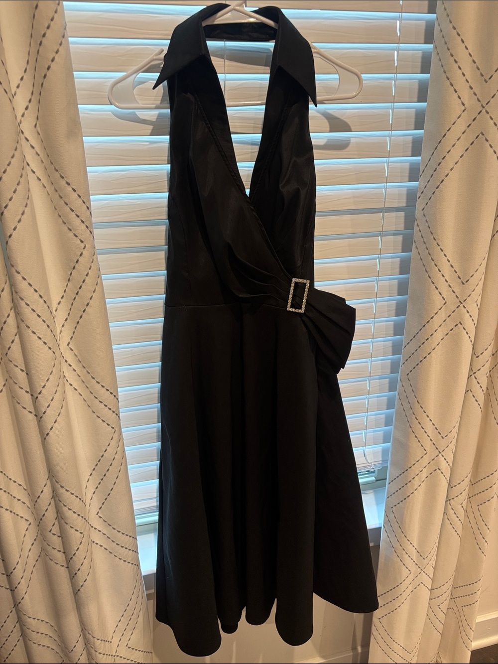 Cocktail Black Halter Collared Dress with Rhinestone Buckle Accent